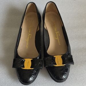 Salvatore Ferragamo Black Patent Vara Bow Flats with Gold Accent